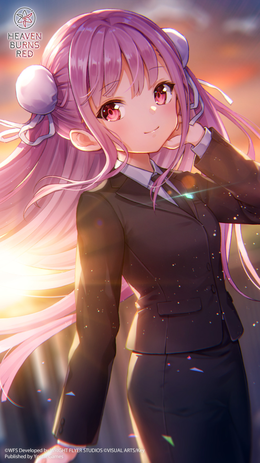 1girl, backlighting, black_necktie, black_skirt, black_suit, blunt_bangs, blunt_ends, blurry