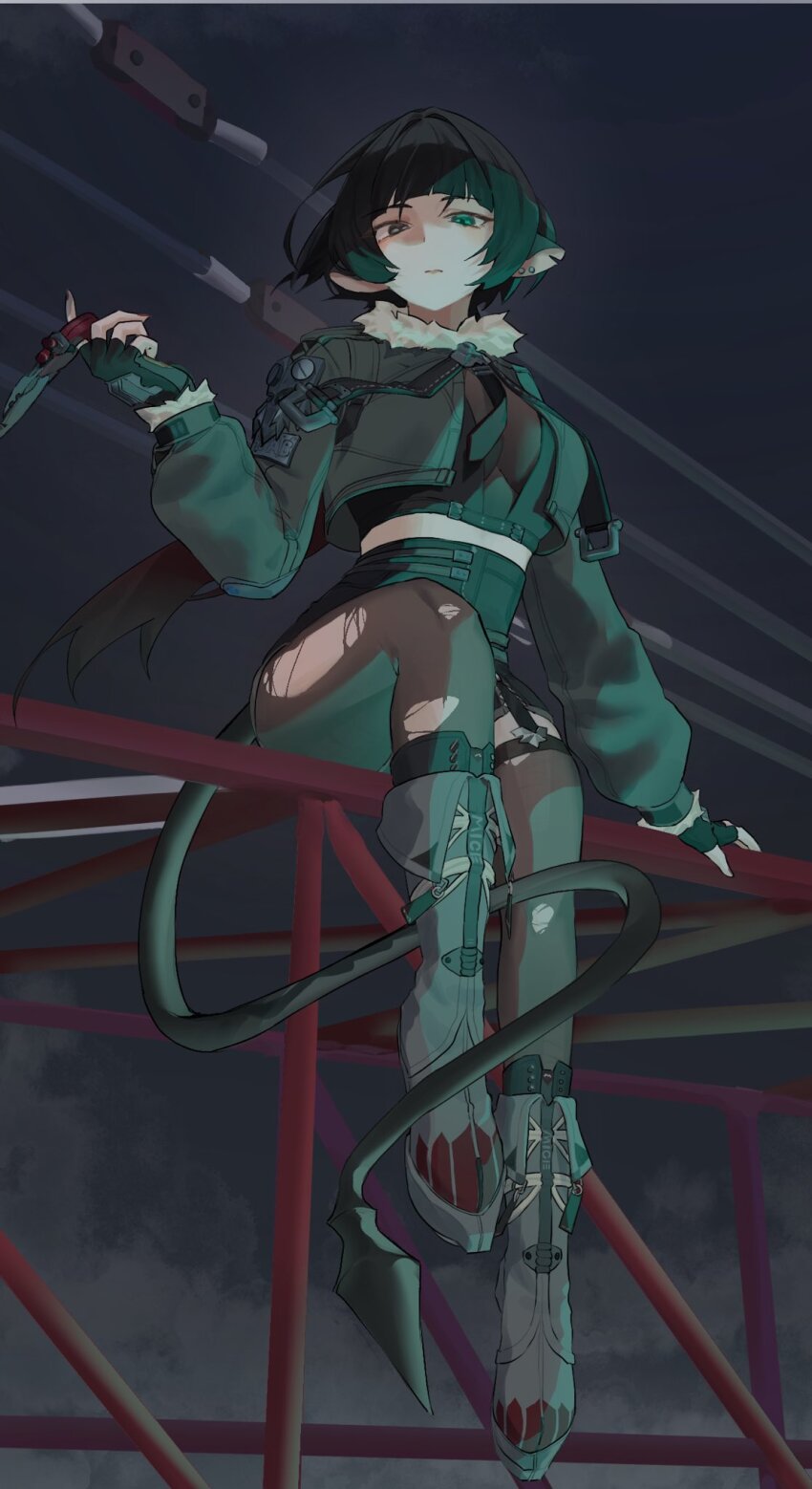 1girl, animal_ears, black_hair, breasts, commentary_request, gloves, green_eyes, high-waist_shorts