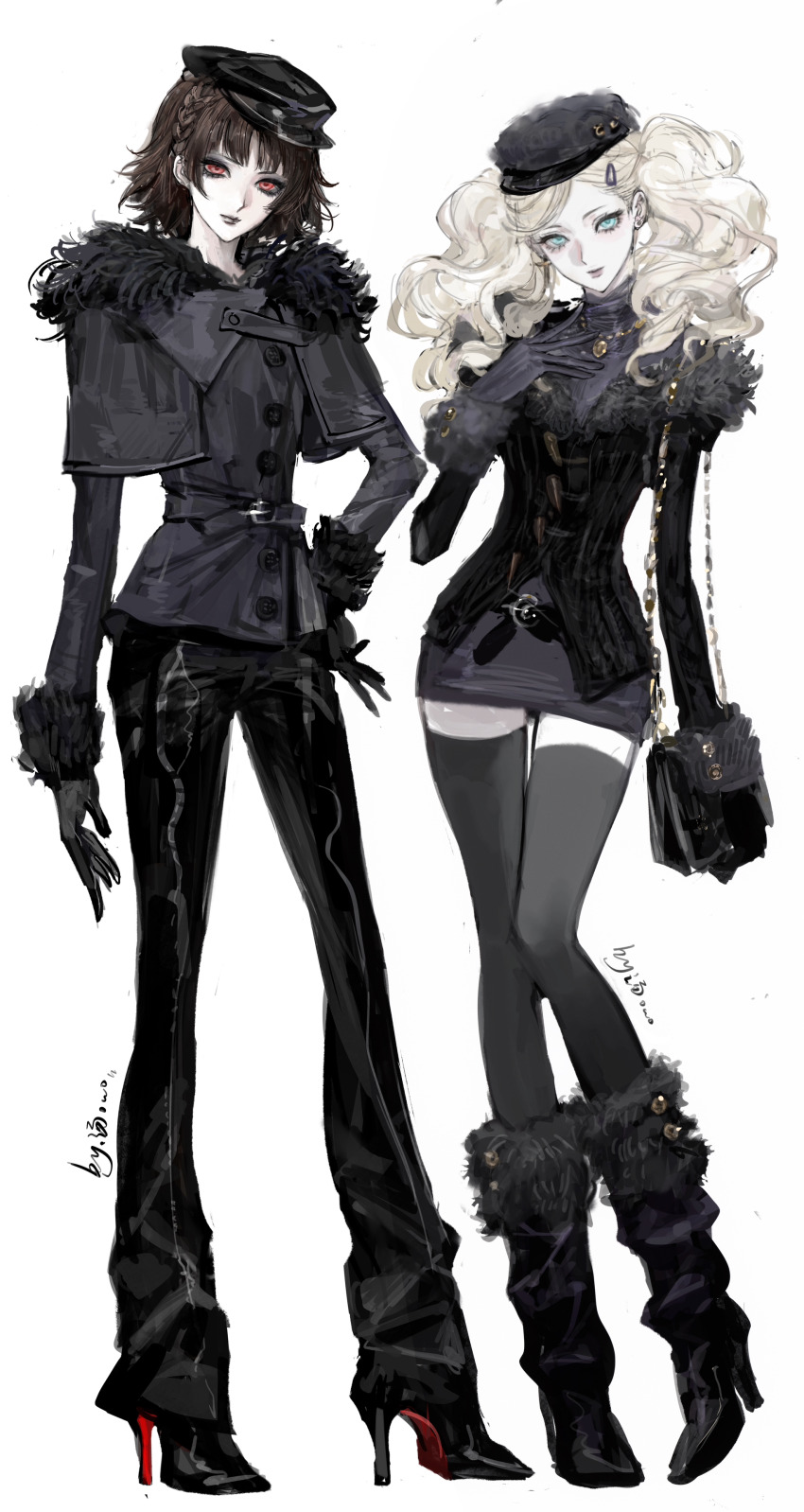 2girls, absurdres, alternate_costume, bag, bai_yu_tang, belt, black_bag, black_belt, black_boots, black_hat, black_jacket, black_pants, blonde_hair, blue_eyes, boots, braid, brown_hair, buttons, christian_louboutin_(brand), colored_shoe_soles, commentary, crown_braid, dress, earrings, fashion, full_body, fur-trimmed_jacket, fur_trim, grey_dress, grey_jacket, grey_lips, grey_thighhighs, hair_ornament, hairclip, hand_on_own_hip, hand_up, hat, high_heel_boots, high_heels, highres, jacket, jewelry, lips, long_hair, long_legs, looking_at_viewer, multiple_girls, necklace, niijima_makoto, off-shoulder_jacket, off_shoulder, pants, parted_bangs, persona, persona_5, red_eyes, short_hair, shoulder_bag, standing, stud_earrings, takamaki_anne, thighhighs, twintails