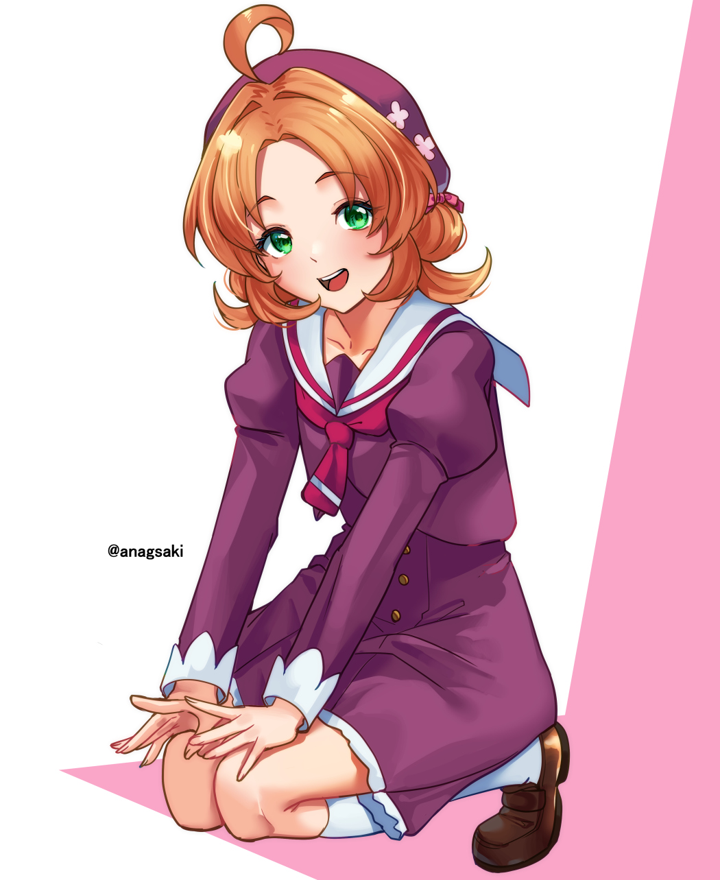 1girl, ahoge, akechi_anna, aona_(anagasaki), beret, brown_shoes, commentary, double_bun