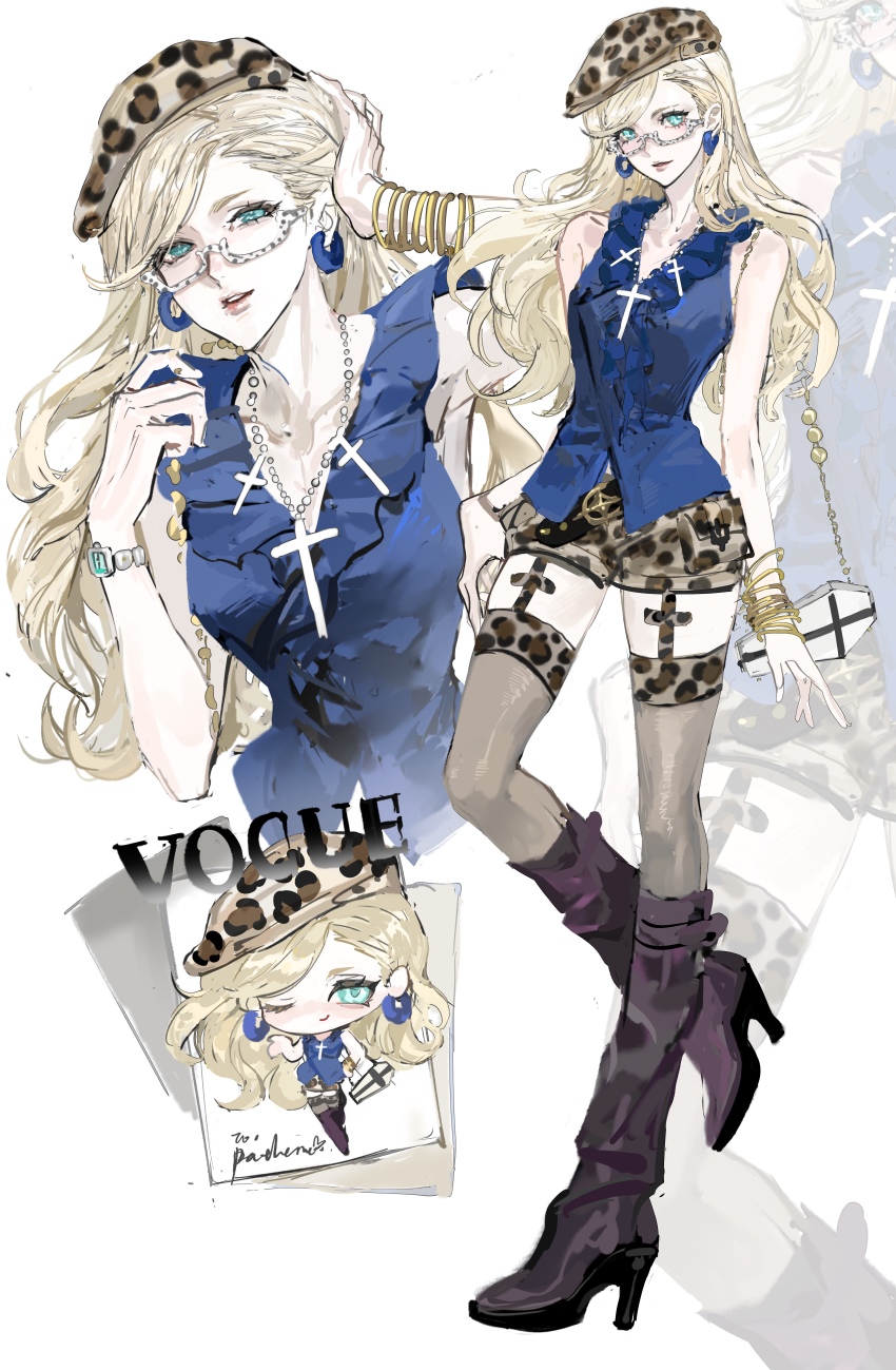 1girl, absurdres, alternate_costume, animal_print, aqua_eyes, bag, bai_yu_tang, bangle, bare_shoulders, bead_necklace, beads, beret, blonde_hair, blue_shirt, boots, bracelet, brown_hat, brown_shorts, brown_thighhighs, chibi, chibi_inset, coffin-shaped_bag, commentary, commission, cross, cross_necklace, earrings, fashion, full_body, garter_straps, hair_behind_ear, hair_down, hand_on_own_head, hat, highres, jewelry, leopard_print, long_hair, looking_at_viewer, multiple_views, necklace, parted_bangs, parted_lips, persona, persona_5, polka_dot, purple_boots, semi-rimless_eyewear, shirt, shorts, sleeveless, sleeveless_shirt, standing, standing_on_one_leg, takamaki_anne, thighhighs, untranslatable_commentary, watch, wavy_hair, white-framed_eyewear, white_bag, wristwatch