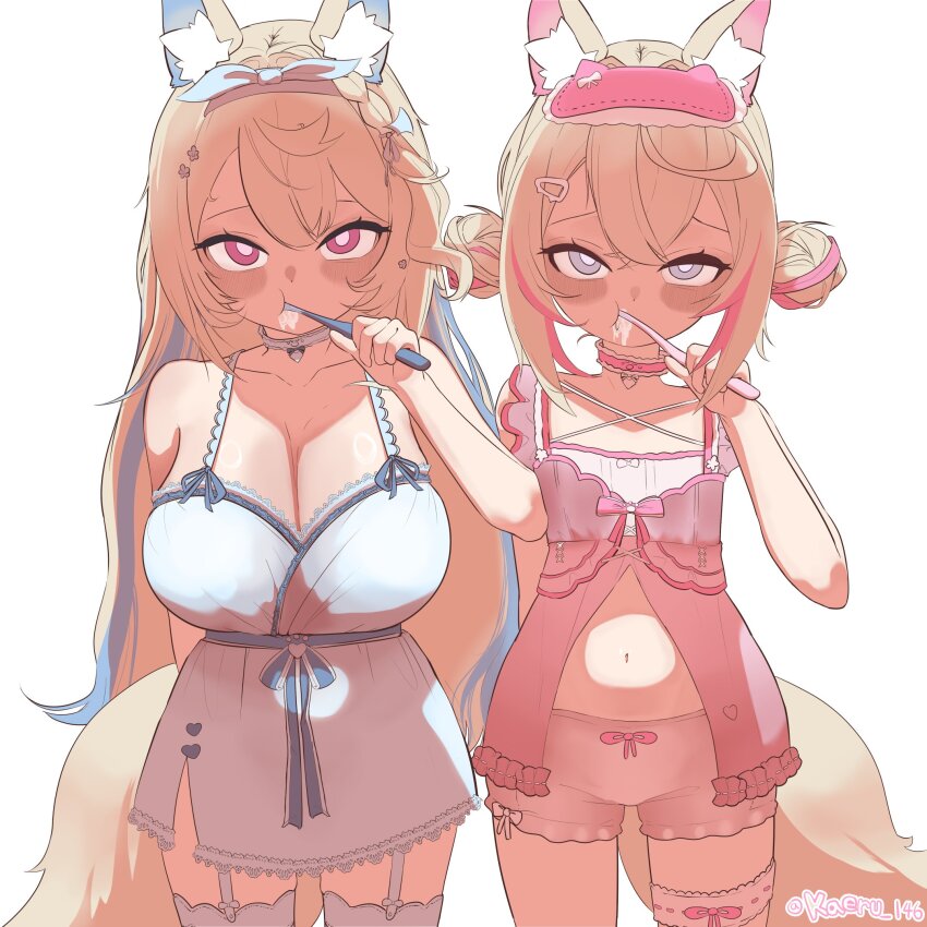 2girls, animal_ear_fluff, animal_ears, blonde_hair, blue_eyes, blush, breasts, brushing_teeth