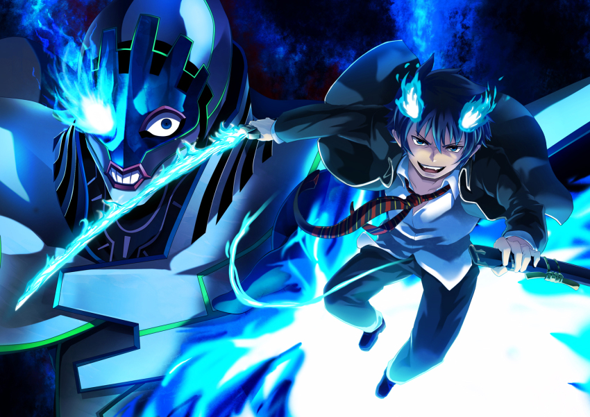10s, 2boys, ao_no_exorcist, black_hair, blue_eyes, blue_fire, cape, crossover