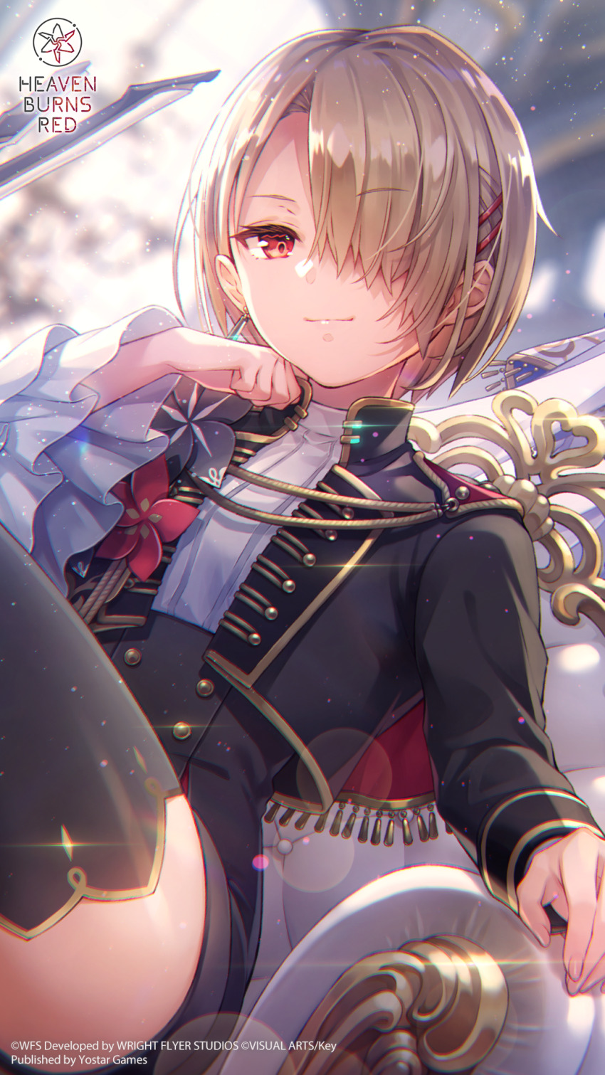 2girls, asymmetrical_sleeves, black_jacket, black_shorts, black_thighhighs, blonde_hair, blurry, blurry_background