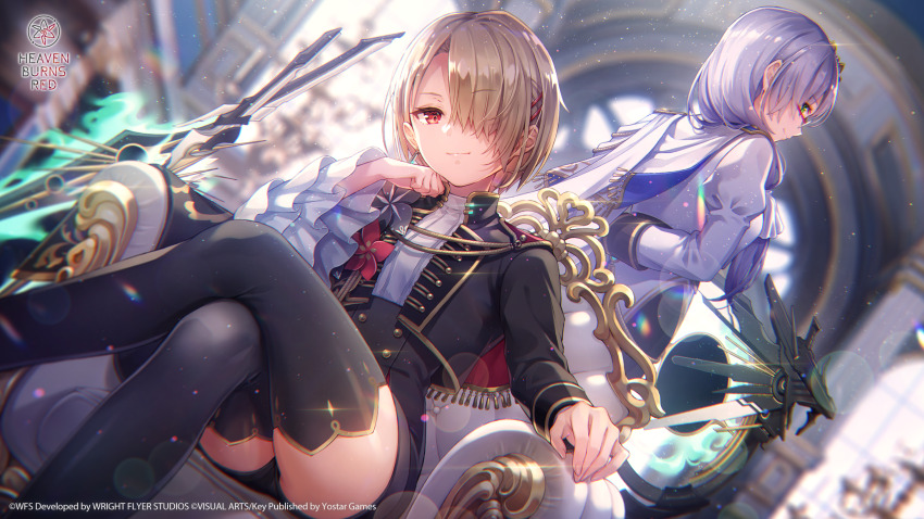 2girls, arm_behind_back, asymmetrical_sleeves, black_jacket, black_shorts, black_thighhighs, blonde_hair, blurry