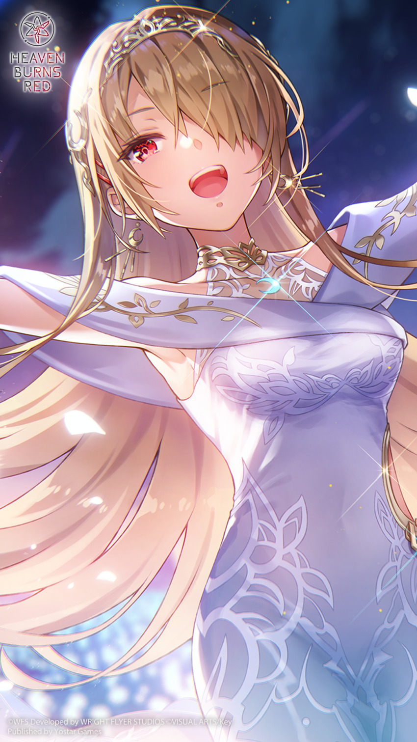 1girl, :d, alternate_hair_length_(longer), backlighting, bare_shoulders, blonde_hair, blurry, blurry_background