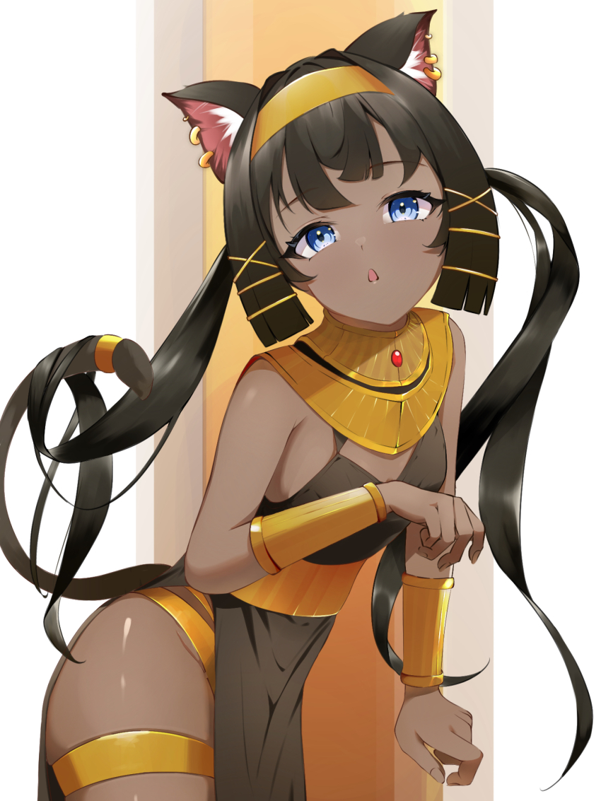 1girl, animal_ears, art_eichi, black_dress, black_hair, blue_eyes, bracer, breasts