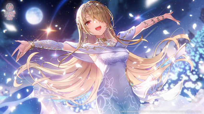 1girl, :d, alternate_hair_length_(longer), backlighting, bare_shoulders, blonde_hair, blurry, blurry_background
