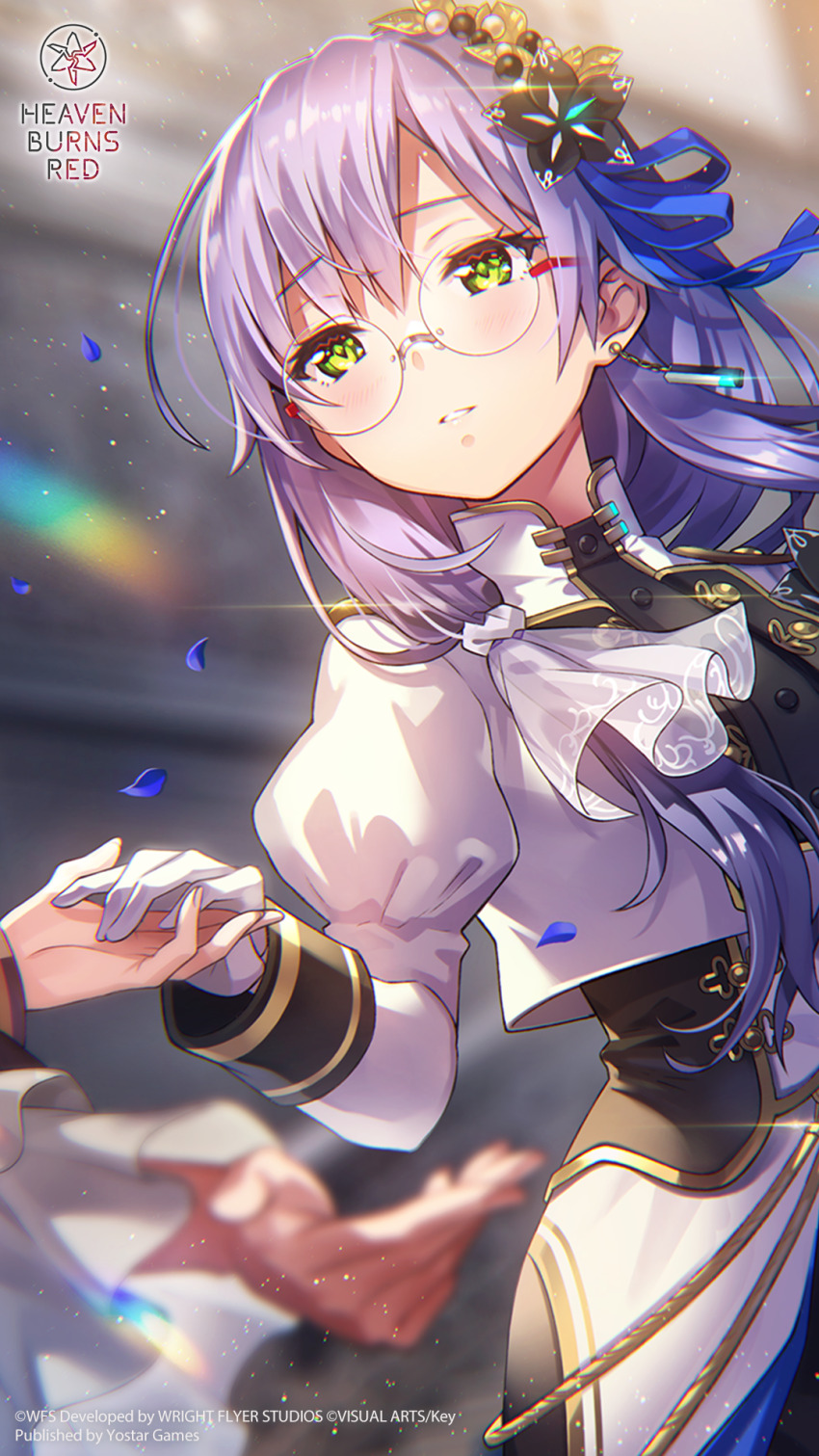 2girls, black_flower, black_shirt, blue_petals, blue_ribbon, blurry, blurry_background, blush