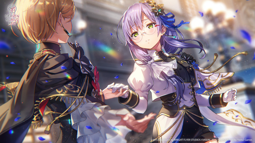 2girls, black_flower, black_jacket, black_shirt, black_skirt, blonde_hair, blue_flower, blue_petals