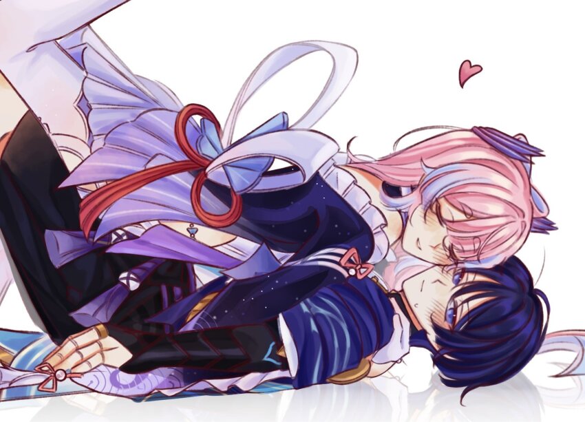 1boy, 1girl, arm_at_side, armor, belt, black_belt, black_bow, black_bridal_gauntlets