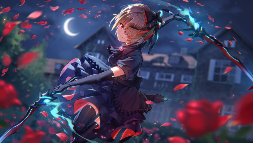 >:), 1girl, apron, ascot, back_bow, backlighting, black_apron, black_ascot, black_bow, black_gloves, black_ribbon, black_shirt, black_skirt, black_thighhighs, blonde_hair, blurry, blurry_background, bow, brooch, closed_mouth, collared_shirt, crescent_moon, depth_of_field, dual_wielding, dutch_angle, elbow_gloves, falling_petals, feet_out_of_frame, fighting_stance, frilled_apron, frills, gloves, glowing, glowing_sword, glowing_weapon, hair_bow, hair_ornament, hair_over_one_eye, hair_ribbon, hairclip, heaven_burns_red, highres, holding, holding_sword, holding_weapon, house, incoming_attack, jewelry, kayamori_ruka, kayamori_ruka_(cardinal_reverberations), light_particles, long_bangs, looking_at_viewer, moon, moonlight, night, official_alternate_costume, official_art, one_eye_covered, outdoors, outstretched_arms, parallel_hairclips, petals, petticoat, pleated_skirt, red_bow, red_eyes, red_ribbon, ribbon, rose_petals, shirt, short_hair, short_sleeves, skirt, smile, solo, sword, thighhighs, third-party_source, v-shaped_eyebrows, waist_apron, weapon