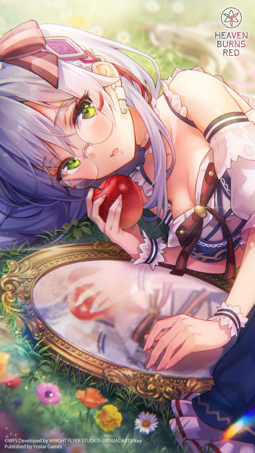 1girl, apple, bare_shoulders, black_bow, blue_dress, blurry, blurry_background, blush, bow, braid, breasts, cleavage, copyright_name, copyright_notice, cowboy_shot, day, detached_sleeves, dirndl, dress, dutch_angle, eyelashes, eyes_visible_through_hair, flower, food, frilled_dress, frills, fruit, german_clothes, glasses, grass, green_eyes, grey_hair, hair_between_eyes, hair_bow, hair_spread_out, hairband, hand_up, heaven_burns_red, highres, holding, holding_food, holding_fruit, izumi_yuki, izumi_yuki_(anticipant_ruby), large_breasts, long_hair, looking_at_viewer, lying, mirror, official_alternate_costume, official_alternate_hairstyle, official_art, official_wallpaper, on_ground, on_side, open_mouth, outdoors, pink_flower, puffy_short_sleeves, puffy_sleeves, red_flower, reflection, round_eyewear, shirt, short_sleeves, sidelocks, single_braid, sleeveless, sleeveless_dress, solo, white_flower, white_hairband, white_shirt, white_sleeves, white_wrist_cuffs, wrist_cuffs, yellow_flower