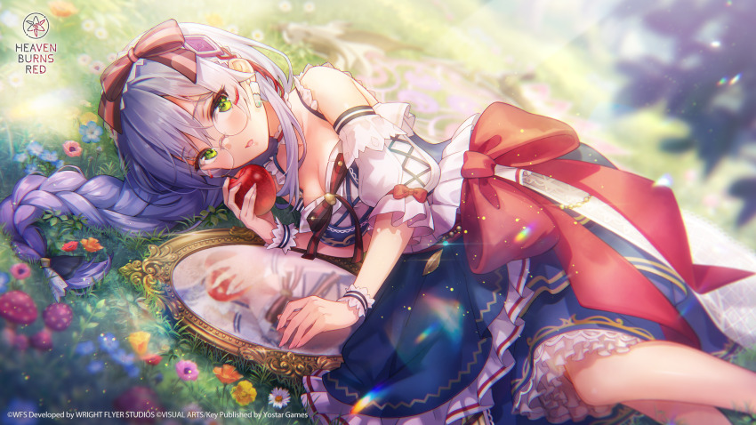 1girl, apple, bare_shoulders, black_bow, blue_dress, blurry, blurry_background, blush, bow, braid, breasts, cleavage, copyright_name, copyright_notice, day, detached_sleeves, dirndl, dress, dutch_angle, eyelashes, eyes_visible_through_hair, feet_out_of_frame, flower, food, frilled_dress, frills, fruit, german_clothes, glasses, grass, green_eyes, grey_hair, hair_between_eyes, hair_bow, hair_spread_out, hairband, hand_up, heaven_burns_red, highres, holding, holding_food, holding_fruit, huge_bow, izumi_yuki, izumi_yuki_(anticipant_ruby), large_breasts, long_hair, looking_at_viewer, lying, mirror, mushroom, official_alternate_costume, official_alternate_hairstyle, official_art, official_wallpaper, on_ground, on_side, open_mouth, outdoors, petticoat, pink_flower, puffy_short_sleeves, puffy_sleeves, red_bow, red_flower, reflection, round_eyewear, shirt, short_sleeves, sidelocks, single_braid, sleeveless, sleeveless_dress, sleeveless_shirt, solo, sunlight, white_flower, white_hairband, white_shirt, white_sleeves, white_wrist_cuffs, wrist_cuffs, yellow_flower