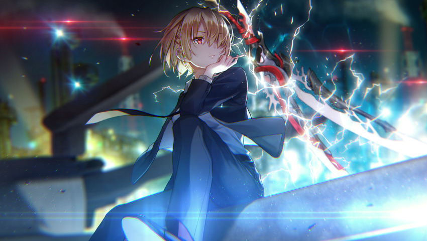 1girl, backlighting, black_jacket, black_necktie, black_pants, black_shoes, black_suit, blurry