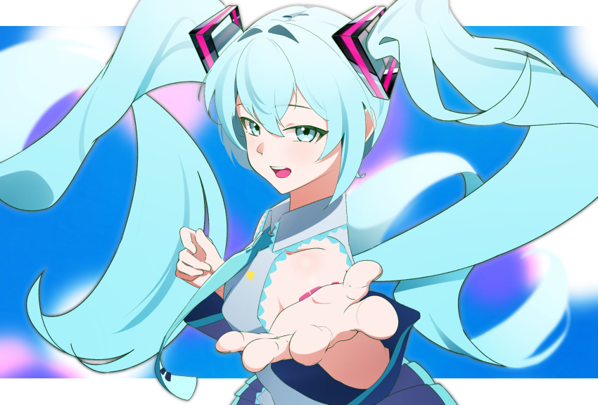 1girl, aqua_eyes, aqua_hair, aqua_necktie, art_eichi, commentary, detached_sleeves, floating_hair