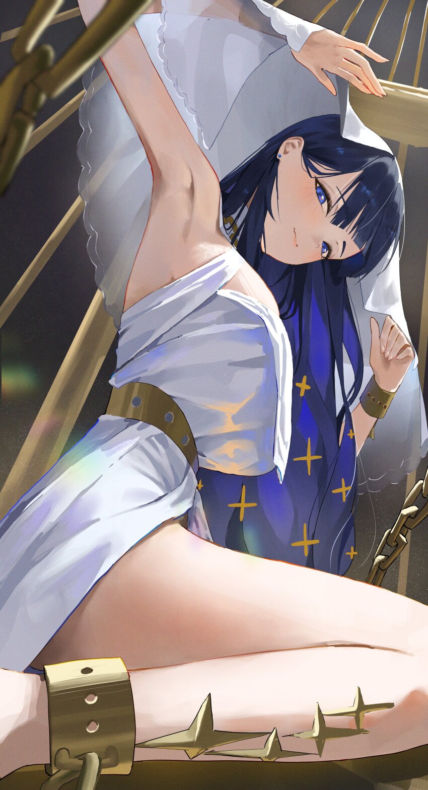 1girl, absurdres, ankle_cuffs, armpits, arms_up, belt, black_hair, blue_eyes