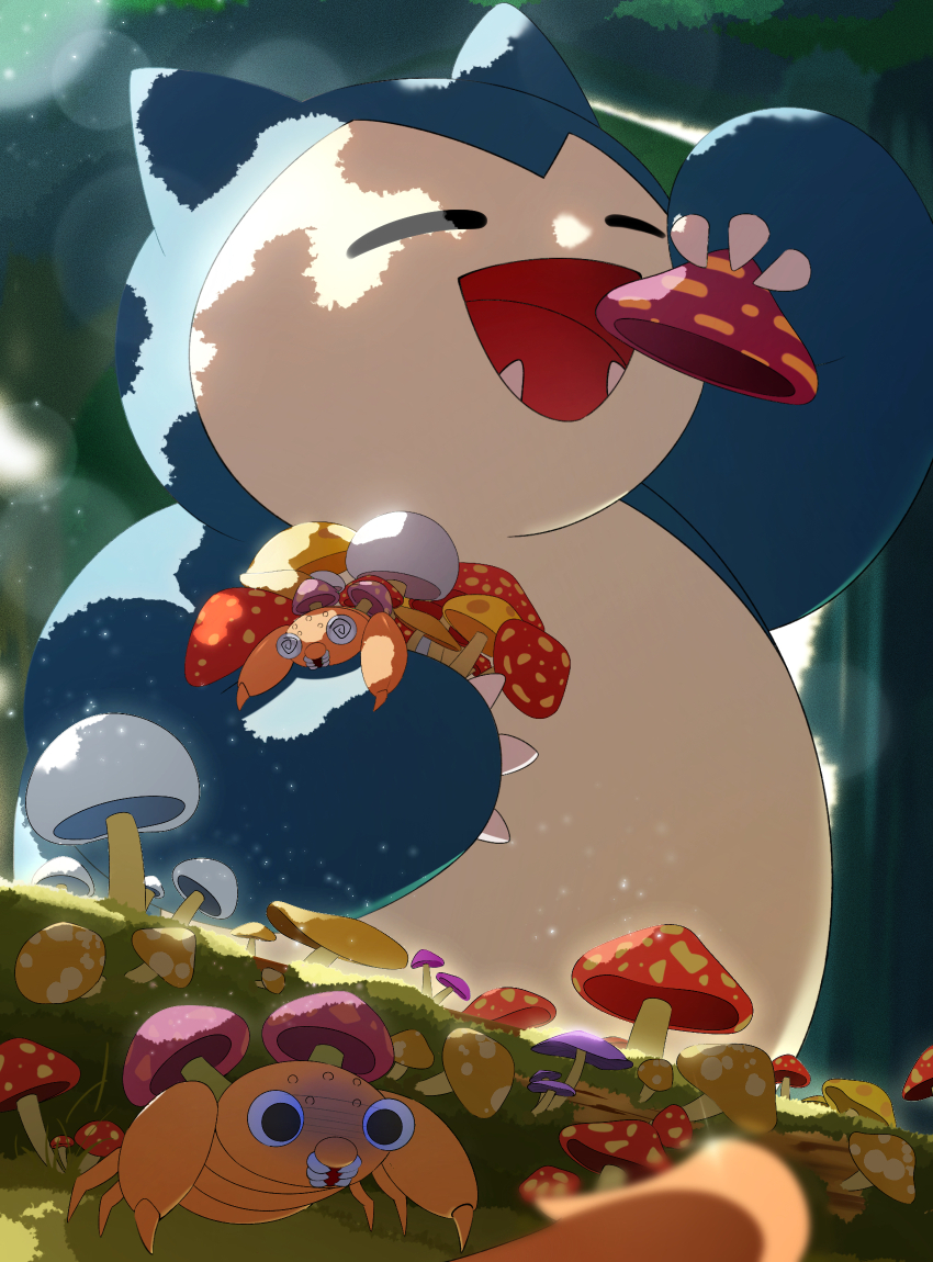 @_@, art_eichi, commentary_request, dappled_sunlight, day, food, forest, gen_1_pokemon