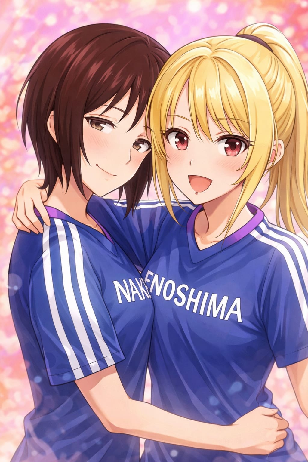 2girls, area_no_kishi, blonde_hair, blue_shirt, brown_eyes, brown_hair, collarbone, happy, highres, hug, long_hair, looking_at_viewer, mishima_nana, multiple_girls, nakae_mina, official_art, pink_background, shirt, short_hair, smile