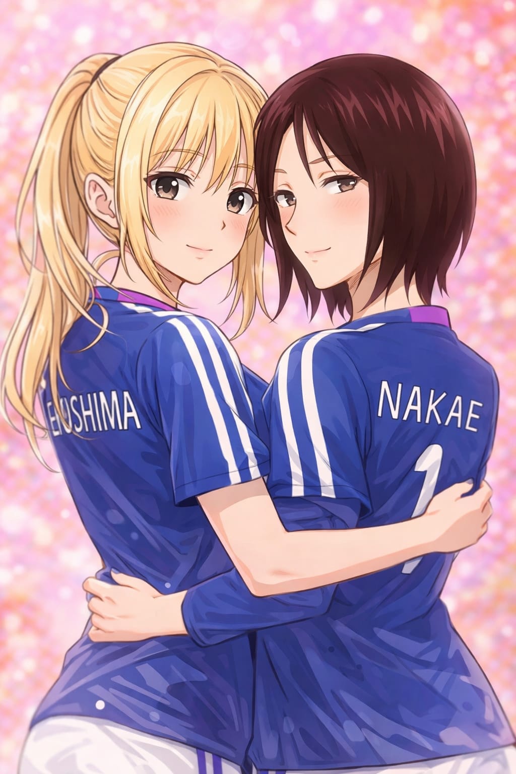 2girls, area_no_kishi, blonde_hair, blue_shirt, brown_eyes, brown_hair, collarbone, happy, highres, hug, long_hair, looking_at_viewer, mishima_nana, multiple_girls, nakae_mina, official_art, pink_background, shirt, short_hair, smile