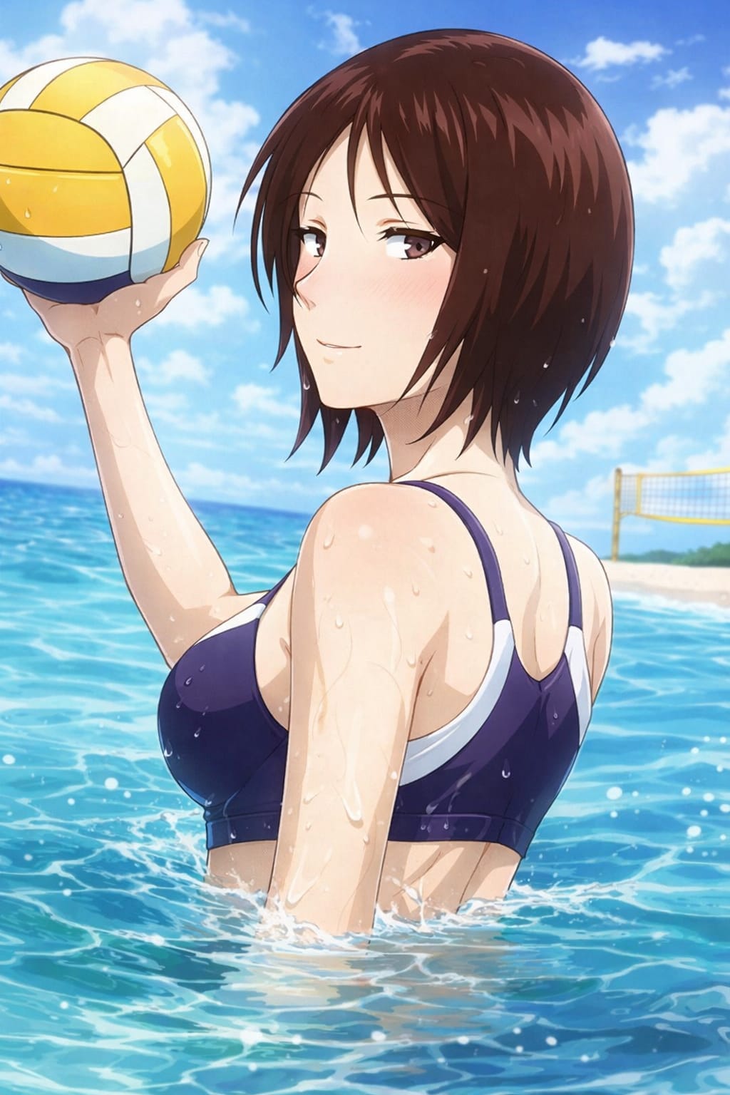 1girl, area_no_kishi, brown_eyes, brown_hair, collarbone, happy, highres, looking_at_viewer