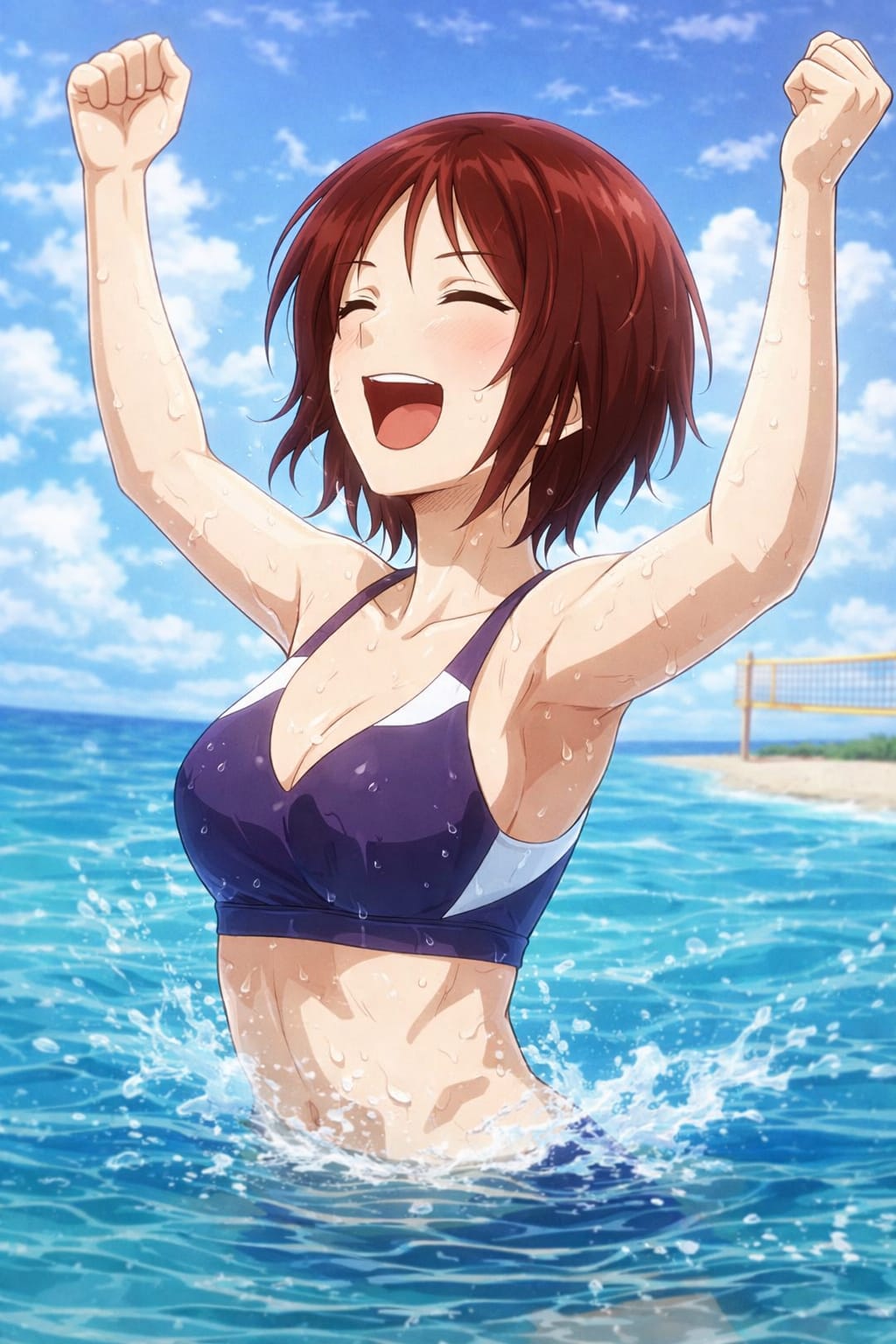 1girl, area_no_kishi, blue_sky, breasts, brown_eyes, brown_hair, collarbone, happy