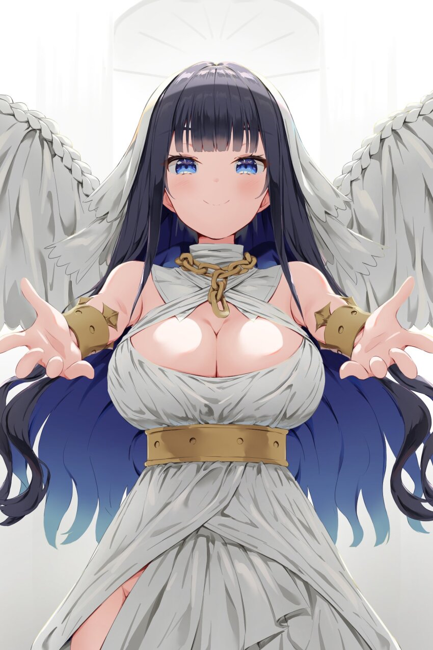 1girl, armlet, bare_shoulders, black_hair, blue_eyes, blue_hair, breasts, chain