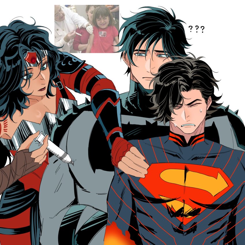 1girl, 2boys, absolute_batman, absolute_dc, absolute_superman, absolute_wonder_woman, back_spikes, batman, batman_(absolute_dc), batman_symbol, black_hair, bodysuit, bruce_wayne, clark_kent, commentary_request, cowl, dailypopopo, dark-skinned_female, dark_skin, dc_comics, diana_prince, grey_bodysuit, highres, large_pectorals, long_hair, multiple_boys, muscular, muscular_male, pectorals, superhero_costume, superman, taut_bodysuit, wonder_woman, wonder_woman_(absolute_dc), wonder_woman_(series)