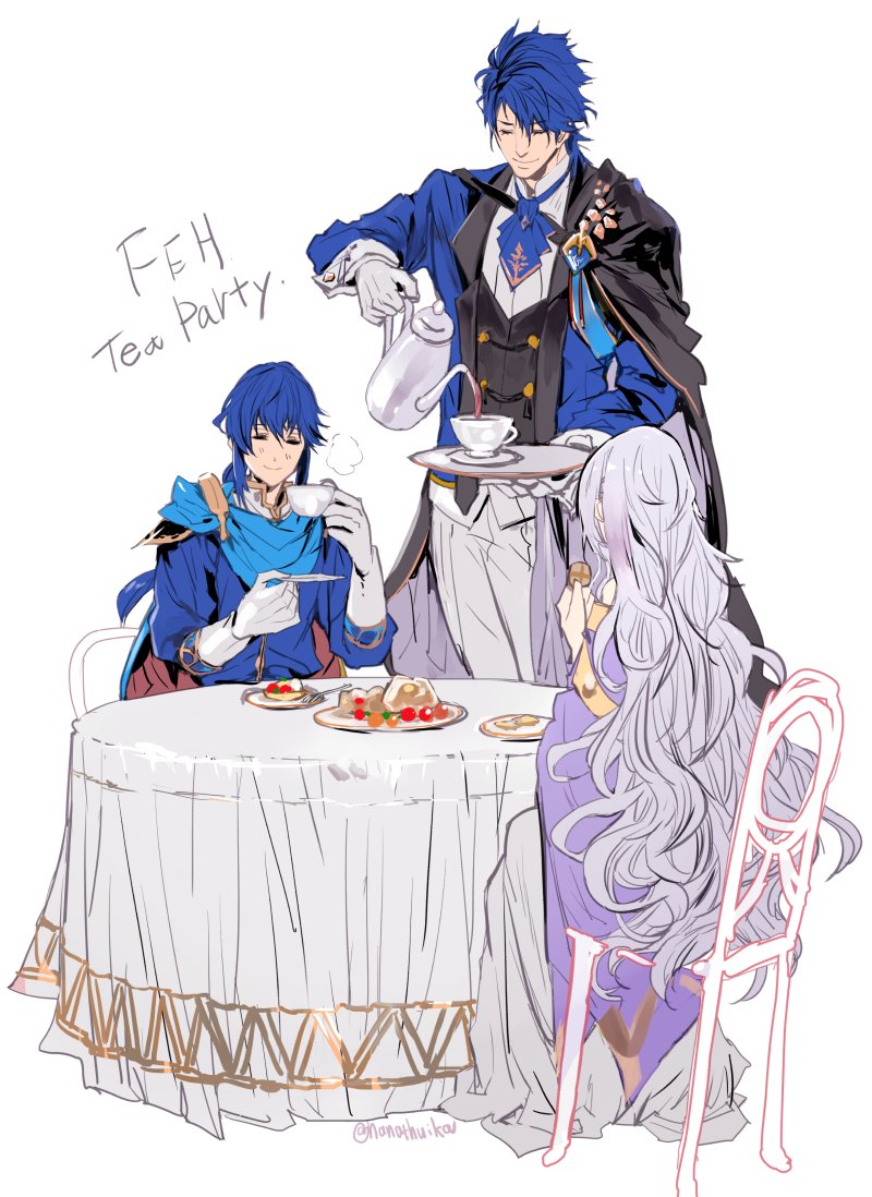 1girl, 2boys, ascot, blue_hair, chair, closed_eyes, commentary_request, cup