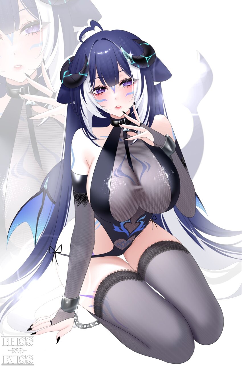 1girl, ahoge, aqua_wings, asymmetrical_horns, black_bridal_gauntlets, black_thighhighs, body_markings, breasts