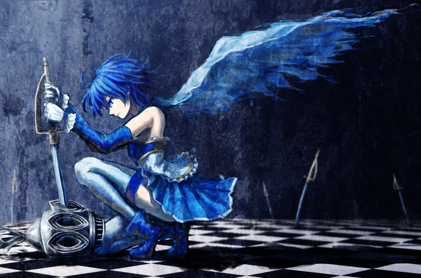 10s, 1girl, bad_id, bad_pixiv_id, bare_shoulders, blue_eyes, blue_hair, cape