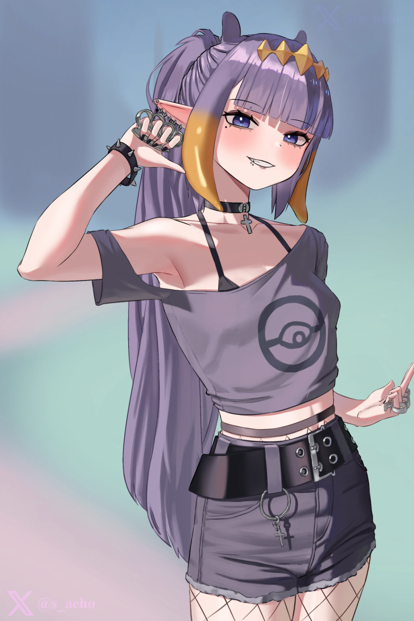 1girl, absurdres, alternate_costume, armpits, belt, black_bra, black_choker, black_shorts