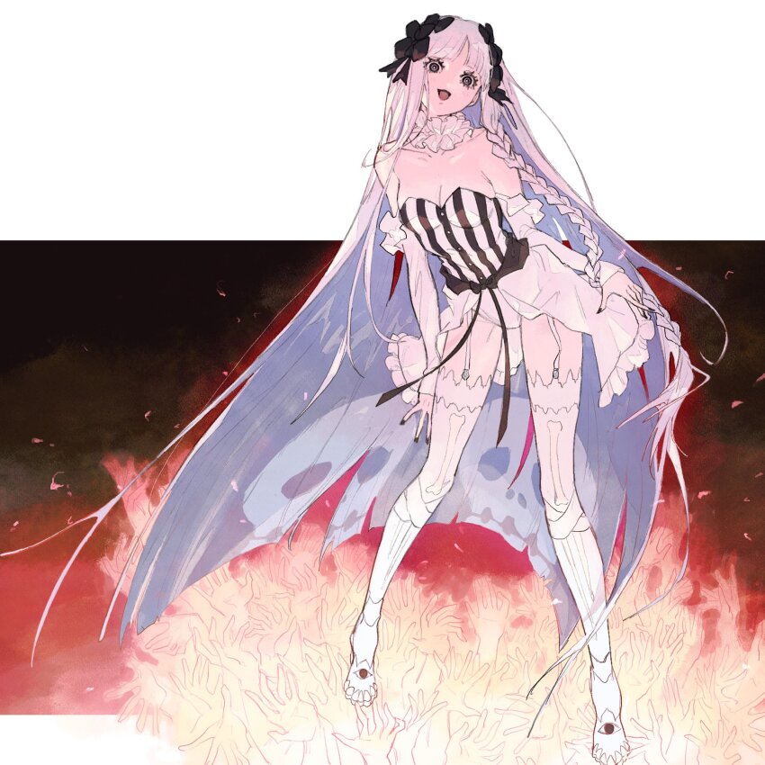 1girl, bare_shoulders, black_bow, black_eyes, black_nails, bow, braid, breasts