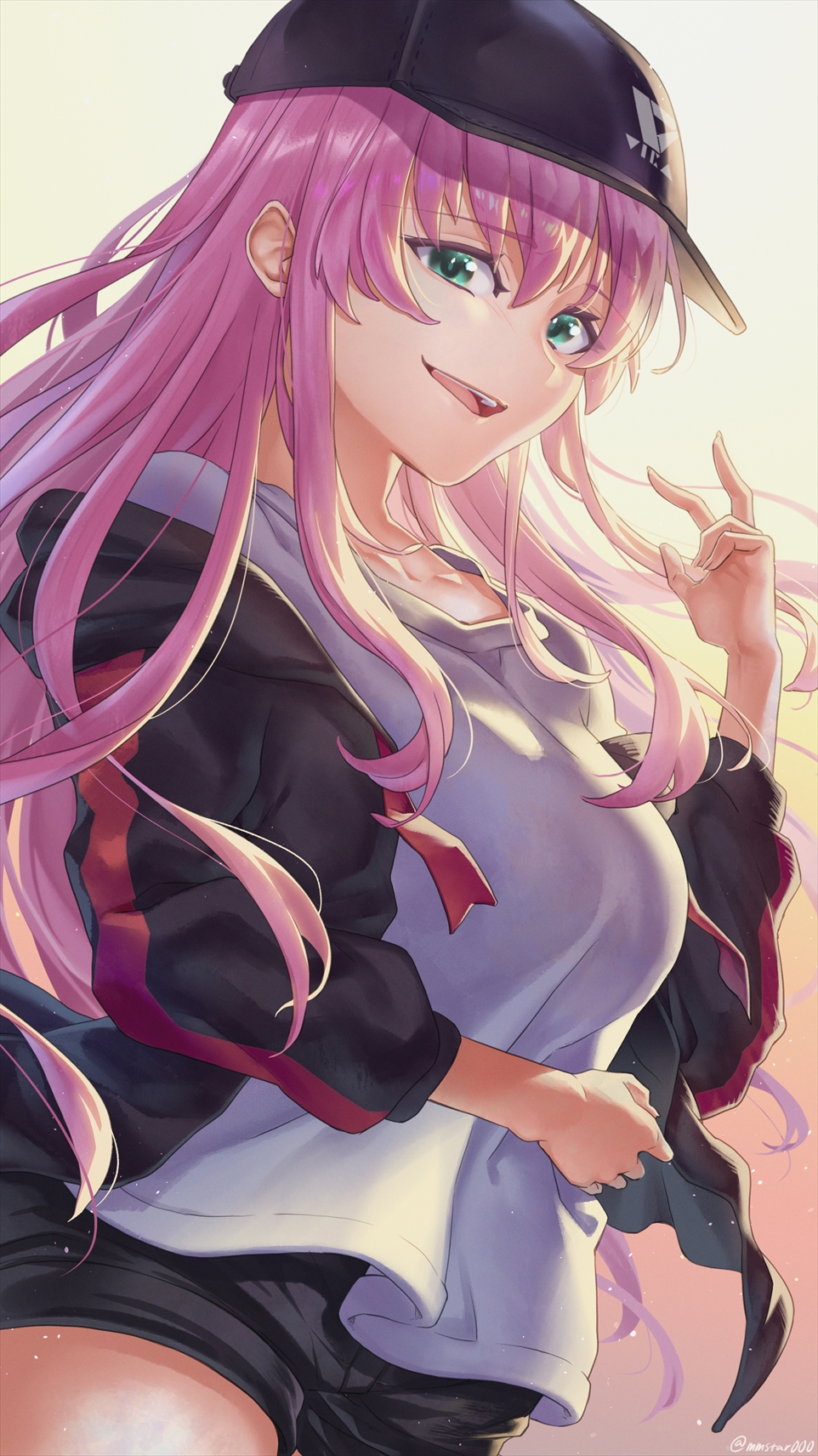 1girl, :d, aikawa_megumi, aikawa_megumi_(casual), backlighting, baseball_cap, black_hat, black_jacket, black_shorts, breasts, commentary_request, cowboy_shot, floating_hair, green_eyes, hair_between_eyes, hair_down, hand_up, hat, heaven_burns_red, highres, jacket, large_breasts, long_hair, long_sleeves, looking_at_viewer, mmstar000, official_alternate_costume, official_alternate_hairstyle, open_clothes, open_jacket, open_mouth, pink_hair, shirt, shorts, sidelocks, simple_background, smile, solo, teeth, tsurime, upper_teeth_only, v, very_long_hair, white_shirt, yellow_background