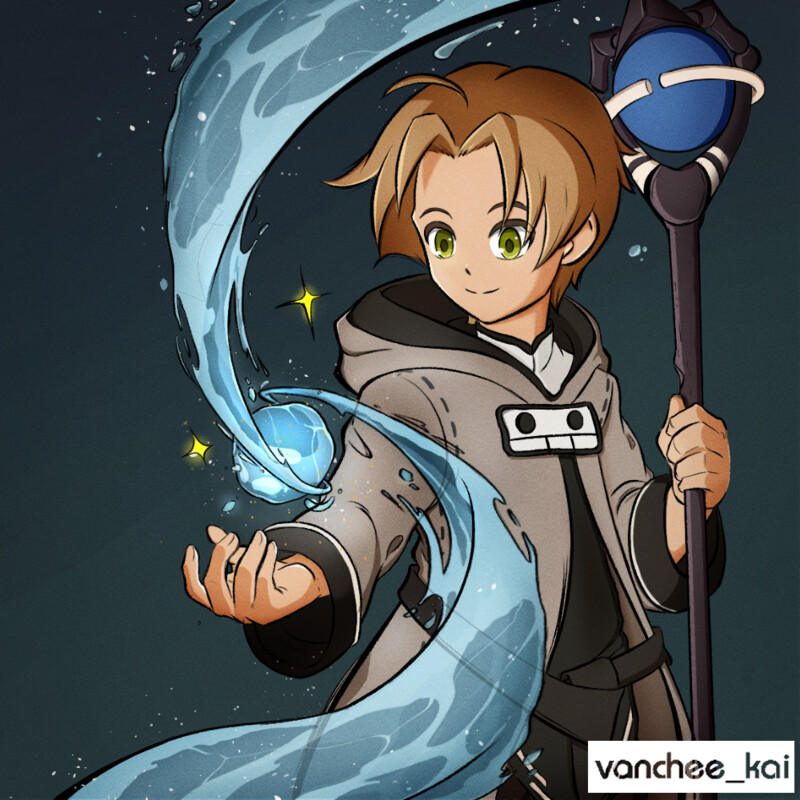 1boy, ahoge, aqua_heartia, brown_hair, casting_spell, cloak, green_eyes, holding