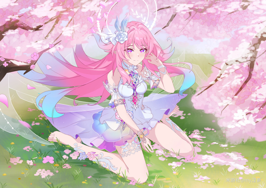 1girl, absurdres, aqua_hair, bare_shoulders, barefoot, breasts, cherry_blossoms, chinese_commentary, commentary_request, cyrene_(demiurge)_(honkai:_star_rail), cyrene_(honkai:_star_rail), detached_sleeves, diamond-shaped_pupils, diamond_(shape), feet, flower, gradient_hair, grass, hair_flower, hair_ornament, halo, highres, honkai:_star_rail, honkai_(series), large_breasts, long_hair, looking_at_viewer, miyoushe_watermark, multicolored_hair, my_nie_luo, pink_hair, pointy_ears, purple_hair, sitting, smile, solo, symbol-shaped_pupils, thighs, toes, two-tone_hair, very_long_hair, wariza, watermark