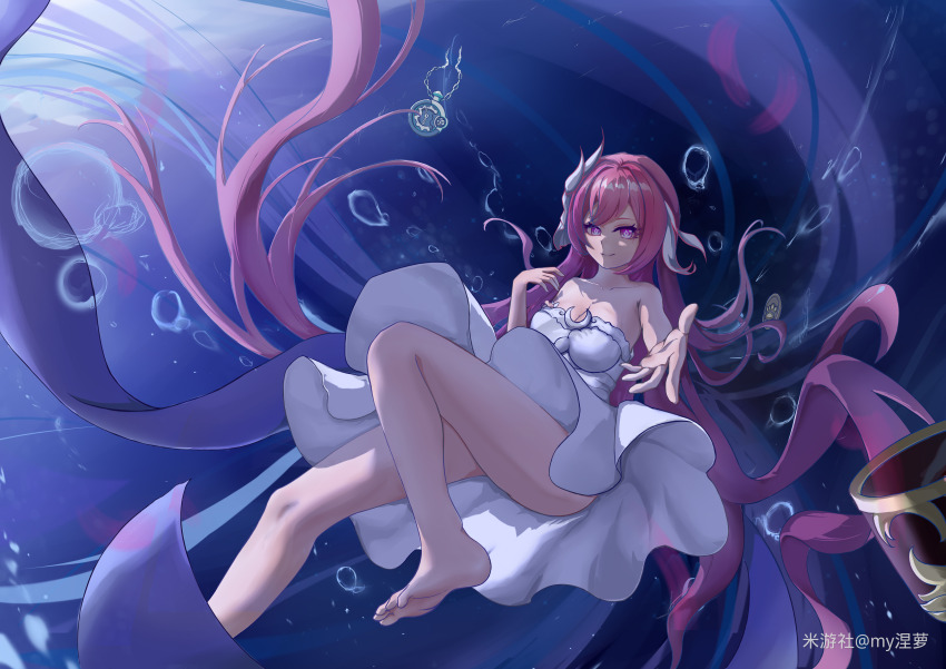 1girl, absurdres, barefoot, breasts, chalice, chinese_commentary, cleavage, commentary_request, cup, diamond-shaped_pupils, diamond_(shape), dress, elysia_(herrscher_of_human:_ego)_(honkai_impact), elysia_(honkai_impact), feet, highres, honkai_(series), honkai_impact_3rd, large_breasts, long_hair, looking_at_viewer, miyoushe_watermark, multicolored_hair, my_nie_luo, pink_hair, purple_eyes, reaching, reaching_towards_viewer, smile, soles, solo, symbol-shaped_pupils, thighs, toes, two-tone_hair, underwater, very_long_hair, watermark, white_dress, white_hair