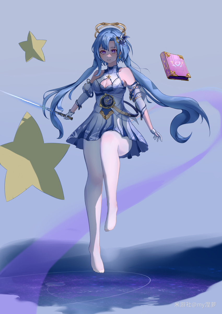 1girl, absurdres, blue_dress, blue_hair, book, breasts, chinese_commentary, cleavage_cutout