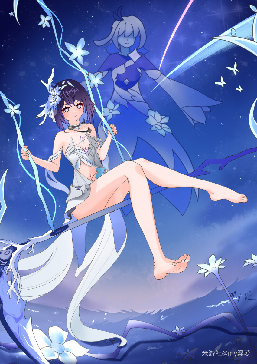 1girl, 1other, absurdres, bare_legs, barefoot, blue_eyes, blue_hair, breasts