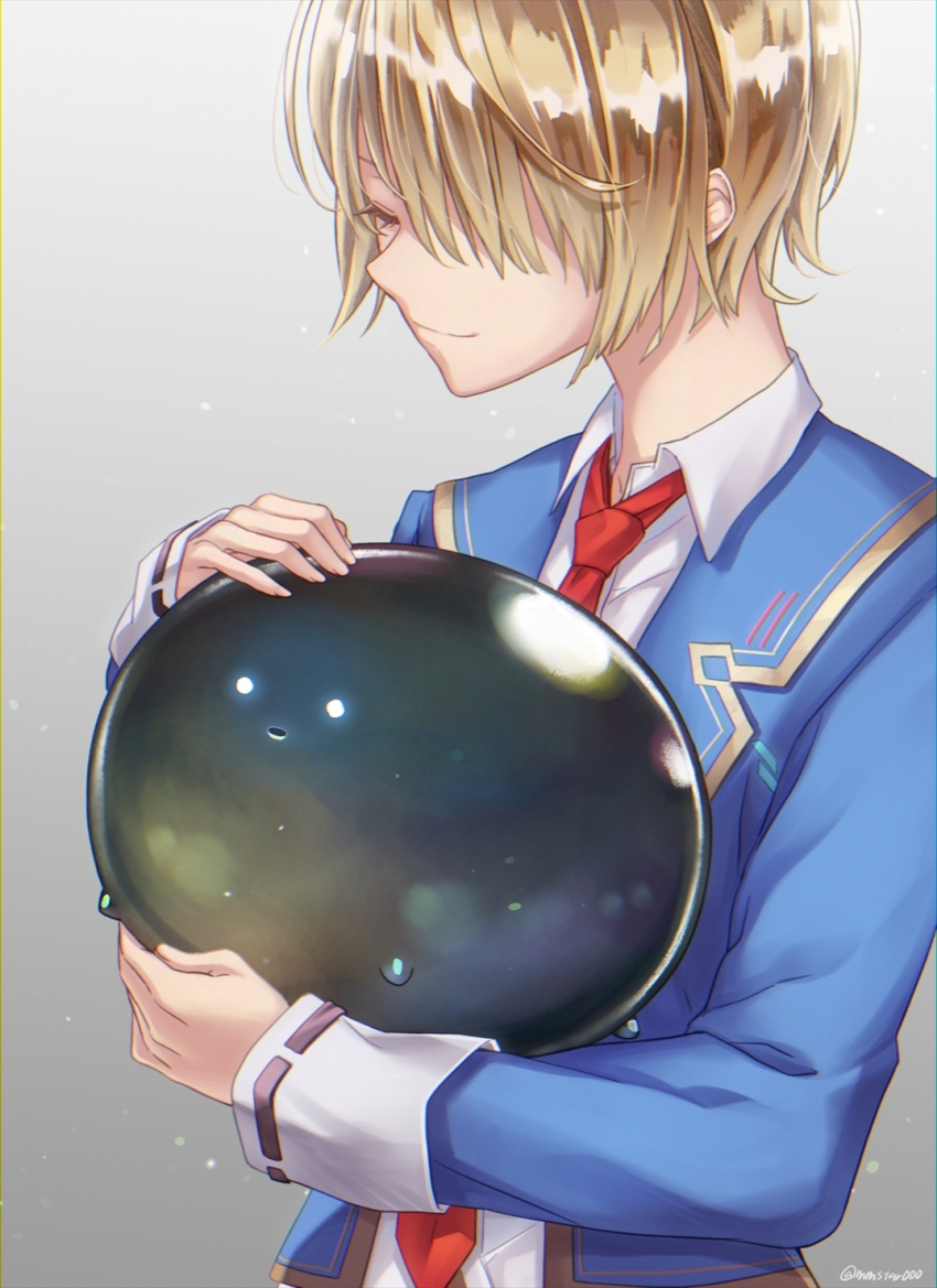 1girl, blonde_hair, blue_jacket, closed_eyes, closed_mouth, collared_shirt, commentary_request, creature, grey_background, hair_over_one_eye, hands_up, heaven_burns_red, highres, holding, holding_creature, jacket, kayamori_ruka, long_bangs, long_sleeves, mmstar000, narby_(heaven_burns_red), necktie, nose, one_eye_covered, open_clothes, open_jacket, profile, red_necktie, shirt, short_hair, simple_background, slime_(creature), smile, solo, upper_body, white_shirt