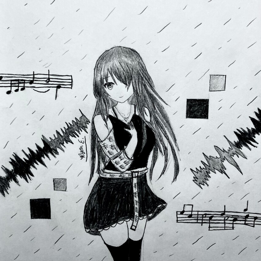 1girl, black_hair, date_a_live, dress, grey_background, greyscale, grunge_(fashion), highres