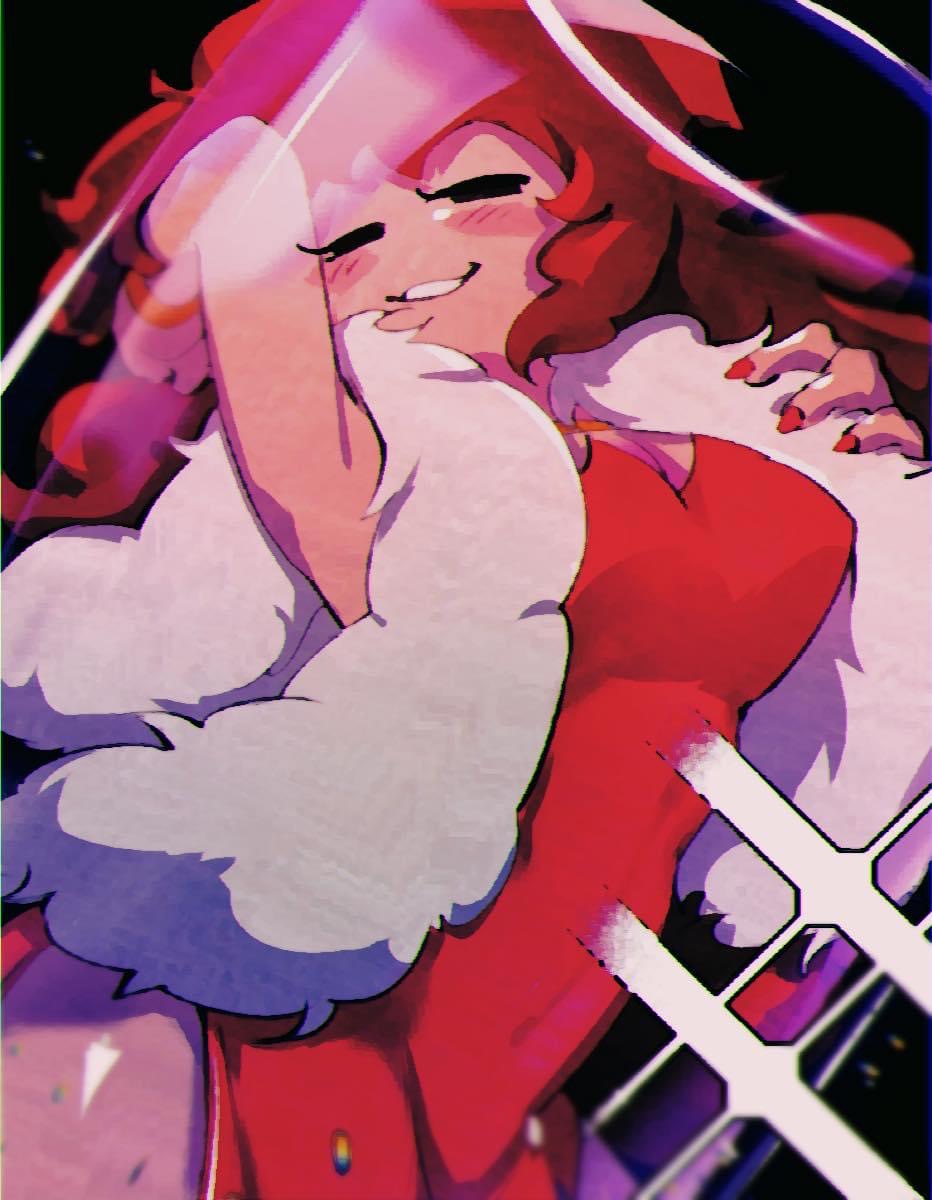 1girl, black_eyes, breasts, brown_hair, cleavage, closed_mouth, dress, friday_night_funkin'