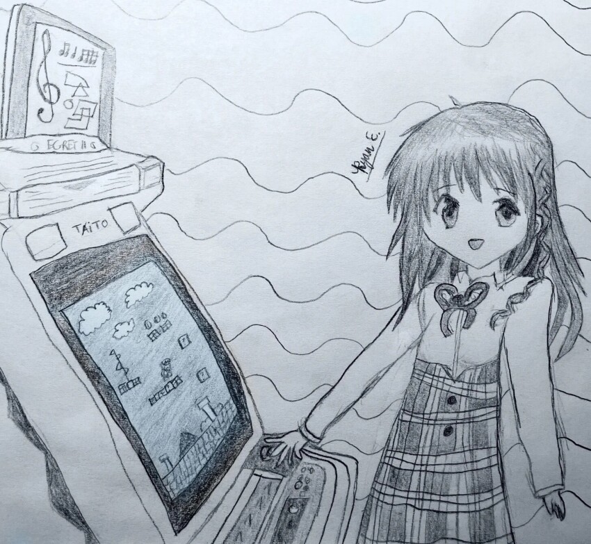 1girl, arcade, arcade_cabinet, facing_viewer, grey_background, greyscale, highres, karen_(sister_princess)