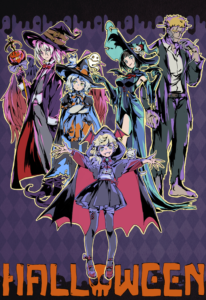 2girls, 3girls, another_eden, barefoot, bat_wings, black_cape, black_hair, black_hat