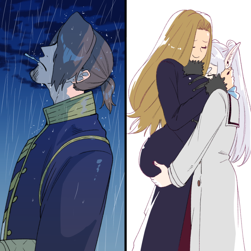 1boy, 2girls, ass, blonde_hair, blue_jacket, capelet, coat, commentary