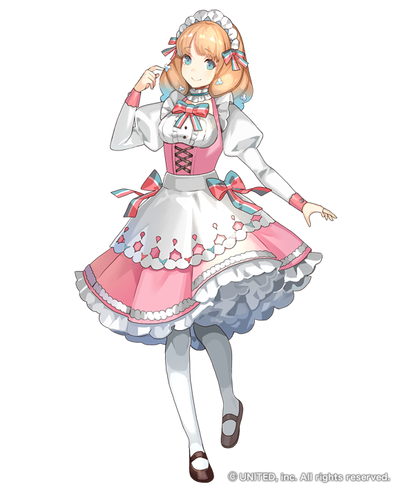 1girl, apron, arm_at_side, blonde_hair, blue_bow, blue_bowtie, blue_eyes, bow