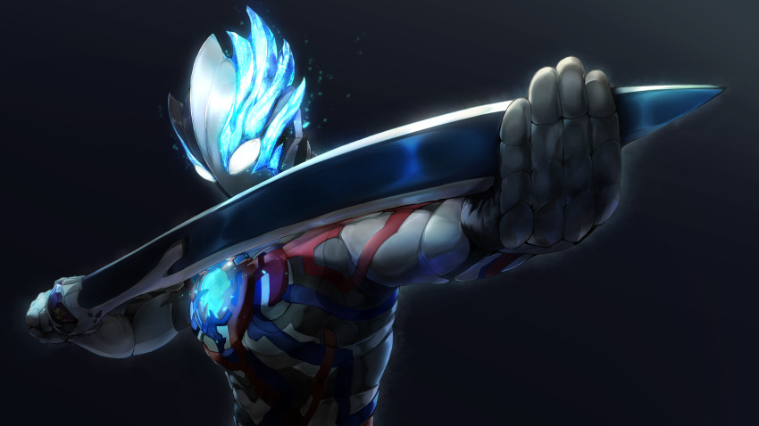 1boy, absurdres, alien, armor, asymmetrical_horns, blue_horns, blue_skin, color_timer