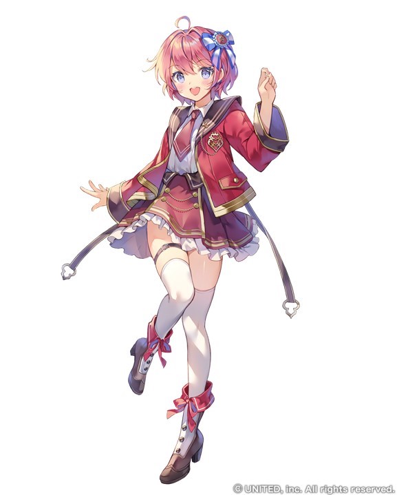 1girl, :d, ahoge, black_sailor_collar, blue_bow, blue_eyes, blush, bow, brown_shoes, buttons, cocoppa_dolls, collared_shirt, commentary_request, copyright_notice, double-breasted, fold-over_skirt, frilled_skirt, frills, full_body, gold_trim, hair_between_eyes, hair_bow, hair_intakes, hand_up, high_heels, jacket, long_sleeves, looking_at_viewer, miniskirt, necktie, official_art, open_clothes, open_hand, open_jacket, open_mouth, pink_hair, pink_ribbon, pocket, red_jacket, red_necktie, red_skirt, ribbon, sailor_collar, second-party_source, shirt, shoes, short_hair, simple_background, skirt, smile, solo, spats_(footwear), standing, standing_on_one_leg, tachi-e, teeth, thia_(cocoppa_dolls), thigh_strap, thighhighs, upper_teeth_only, white_background, white_shirt, white_thighhighs, yeonwa