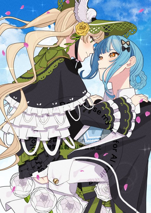 2girls, 55szt, black_capelet, blonde_hair, blue_hair, blue_sky, bonnet, braid