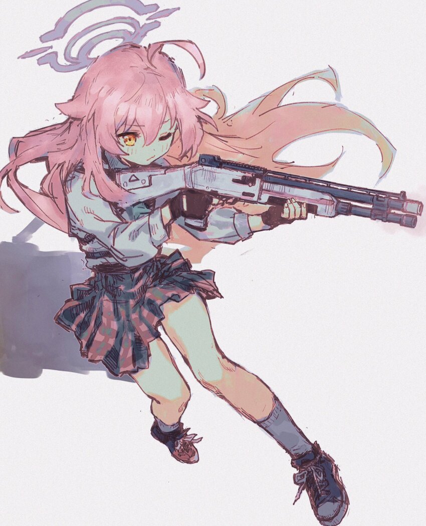 1girl, ahoge, black_gloves, black_shoes, blue_archive, closed_mouth, commentary, fingerless_gloves